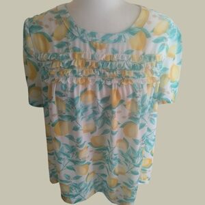 VGUC Elle Lemon and Teal Ruffle Blouse Sz  XL White Yellow Green 100% Polyester